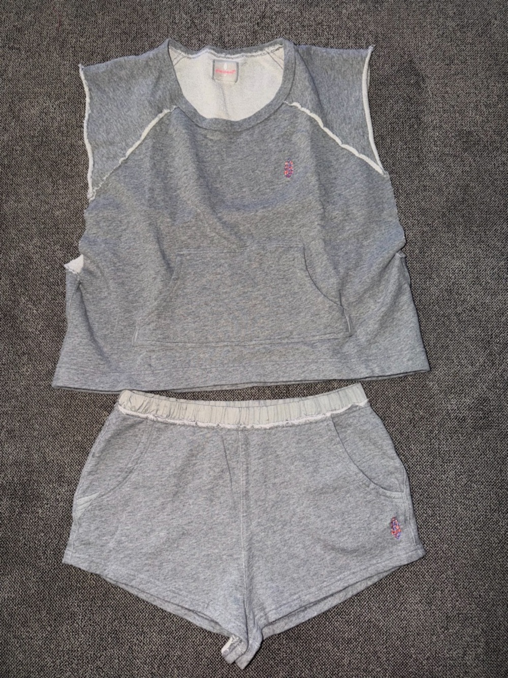 Free People Grey Sleeveless Sweatshirt & Shorts Set with Pink Embroidery